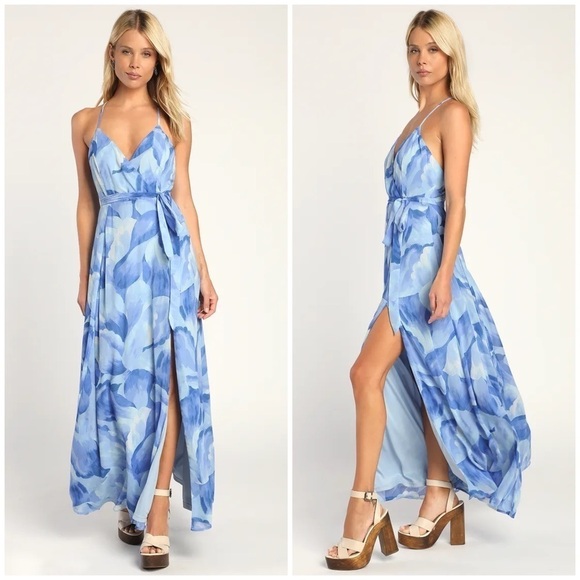 LULU’S The Way to Perfection Blue Abstract Print Surplice Maxi Dress - Picture 1 of 15